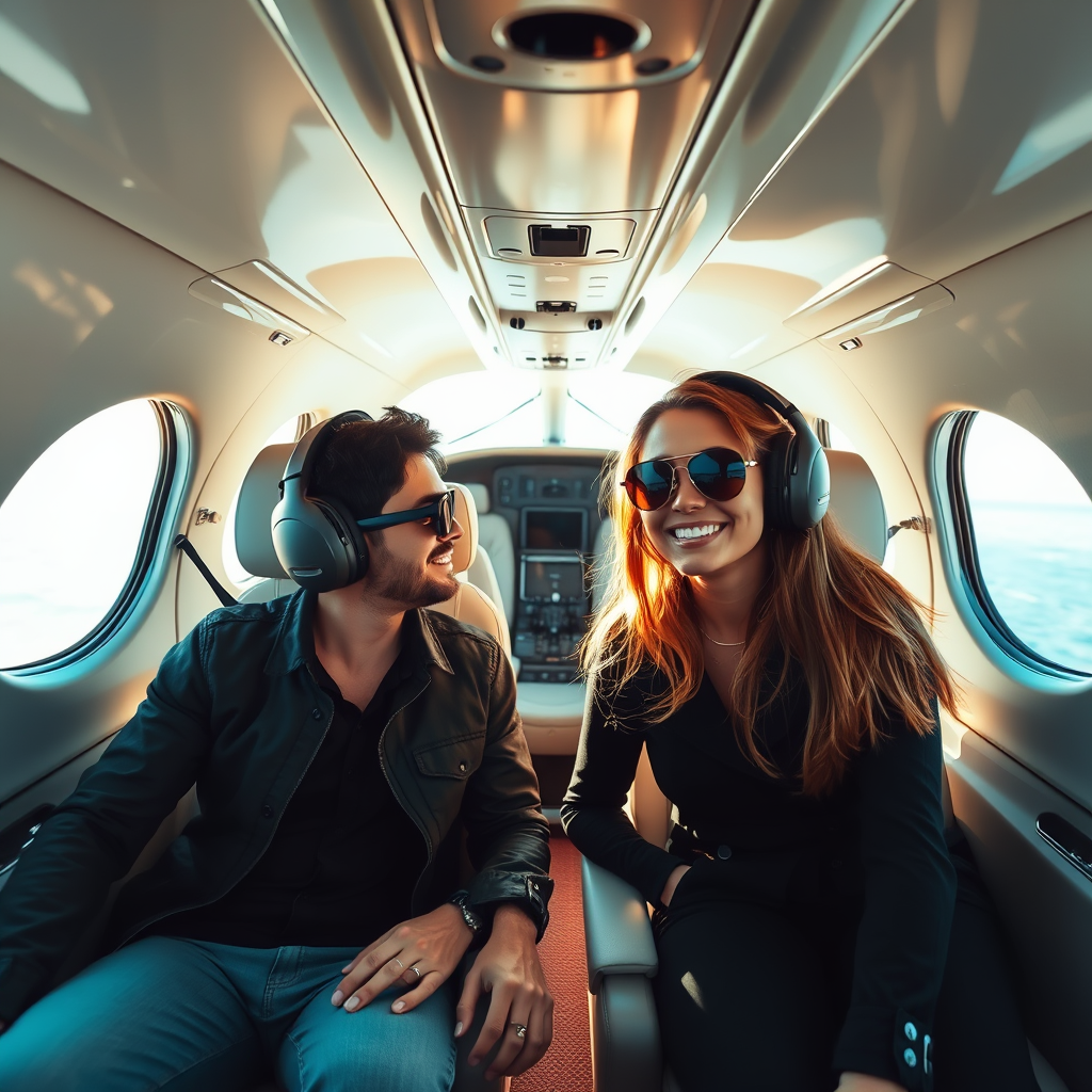 Create an image of two people on a private jet Create an image of two people on a private jet