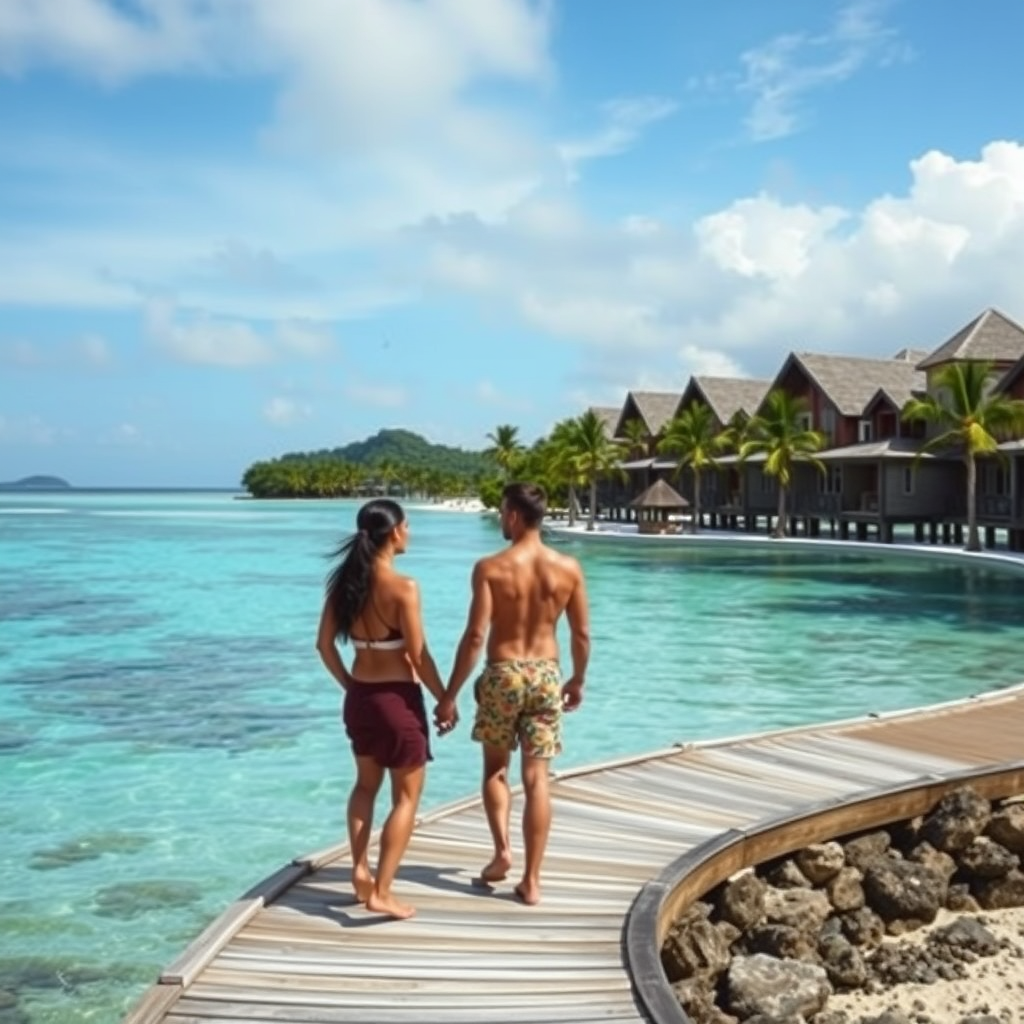 Create an image of two people on an island resort Create an image of two people on an island resort