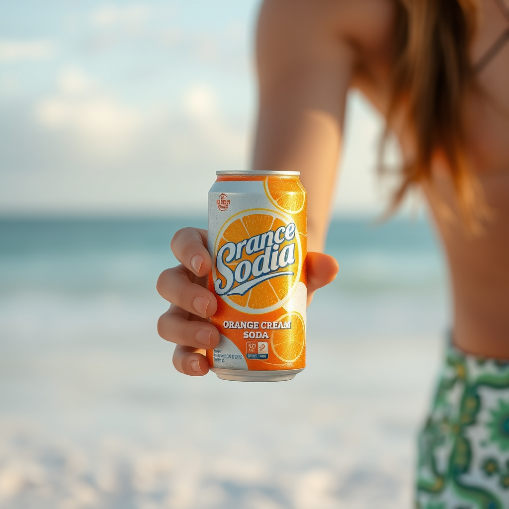 create an image of a person on a beach holding a can of orange cream soda create an image of a person on a beach holding a can of orange cream soda
